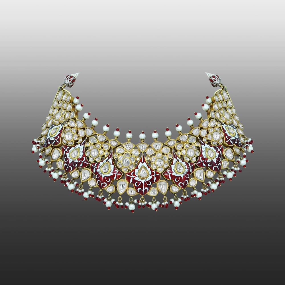 Polki Semi-Choker with Red Enamel and Pearl Beads